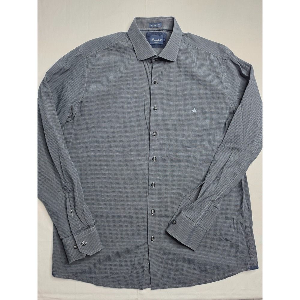 Brooksfield Shirt Men's 4 Charcoal Gray Geometric 100% Cotton Slim Fit Button-Up